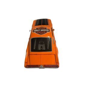 Sleek Harley-Davidson toy car in striking black and orange. Ideal for young car